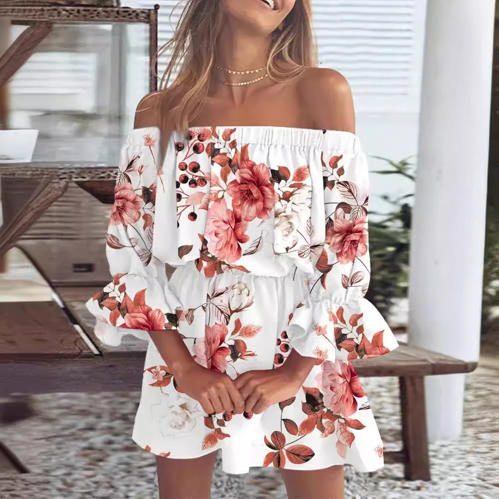 Ladies Summer Off-Shoulder Dress with Floral Pattern Ivyshape