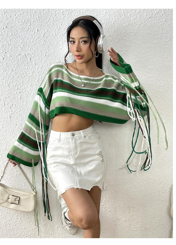 IvyShape | Rainbow striped fringed crop pullover