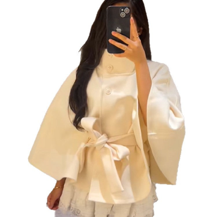 Women's wrap jacket with high collar line and wide sleeves Ivyshape