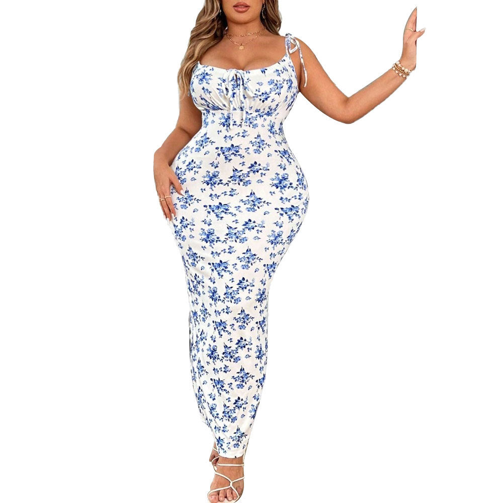 Women's fitted floral dress with deep V-neck and straps Ivyshape