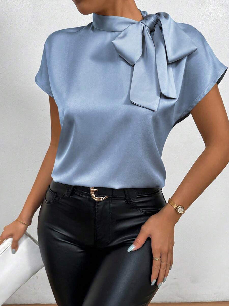 Ivyshape | Satin blouse Short sleeve High collar With bow Elegant relaxed fit