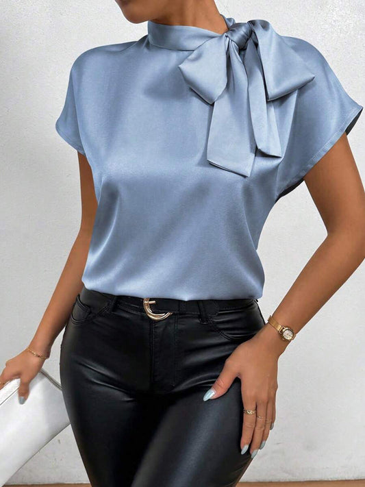 Ivyshape | Satin blouse Short sleeve High collar With bow Elegant relaxed fit