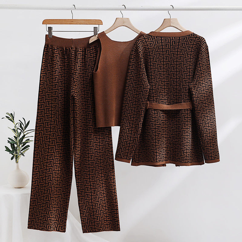 IvyShape | Jacquard Long Sleeve Coat and Pants Knit Set