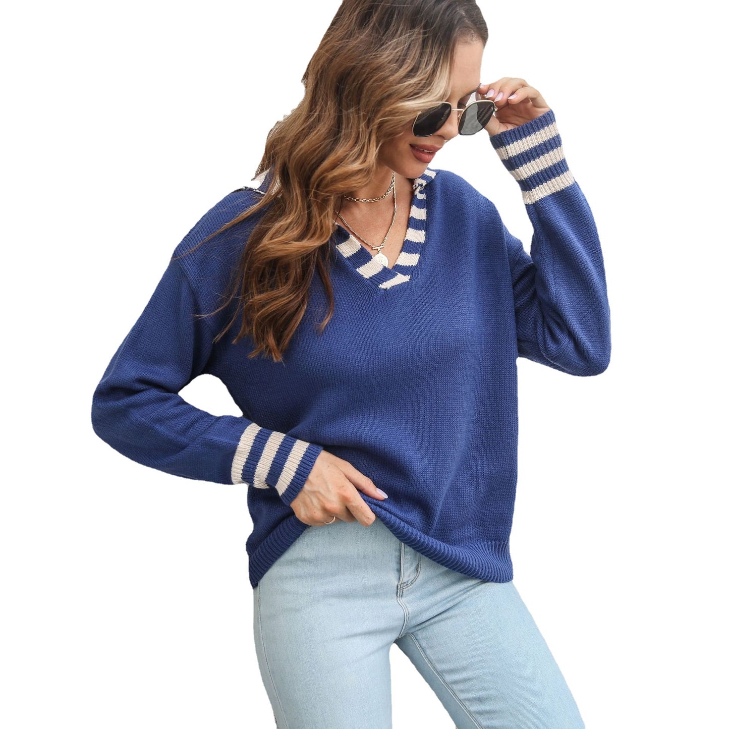 Ladies Casual Sweater with V-Neck and Striped Sleeve Cuff Ivyshape