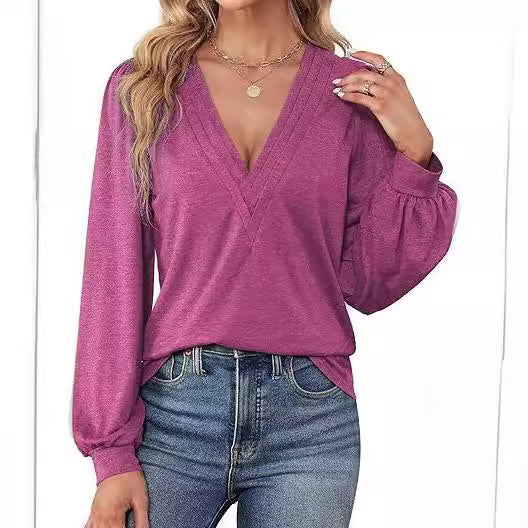 Women Elegant V-Neck Top with Puff Sleeves Ivyshape