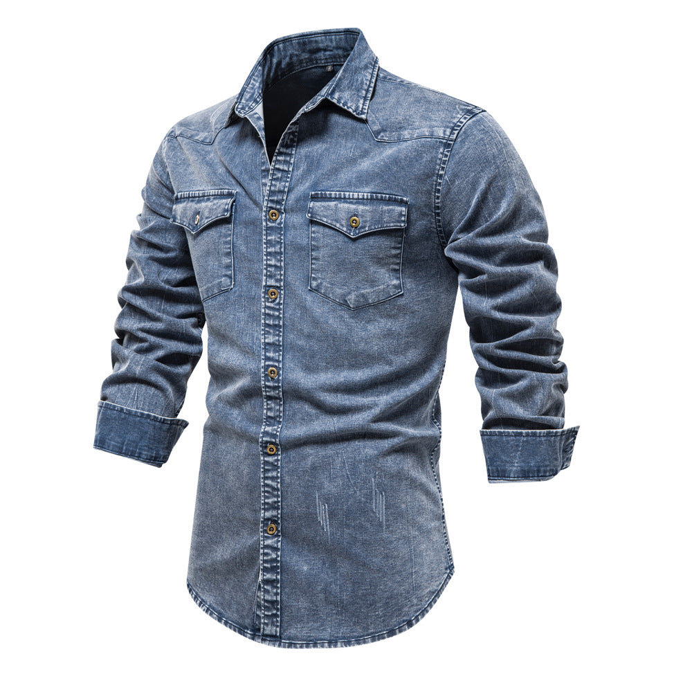 Men's denim shirt blouse with two chest pockets and tasteful embroidery Ivyshape
