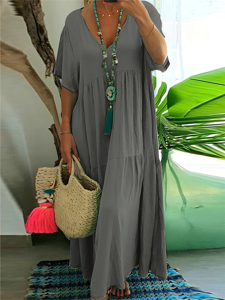 Women's airy boho maxi dress with flouncy hem and deep V-neck Ivyshape