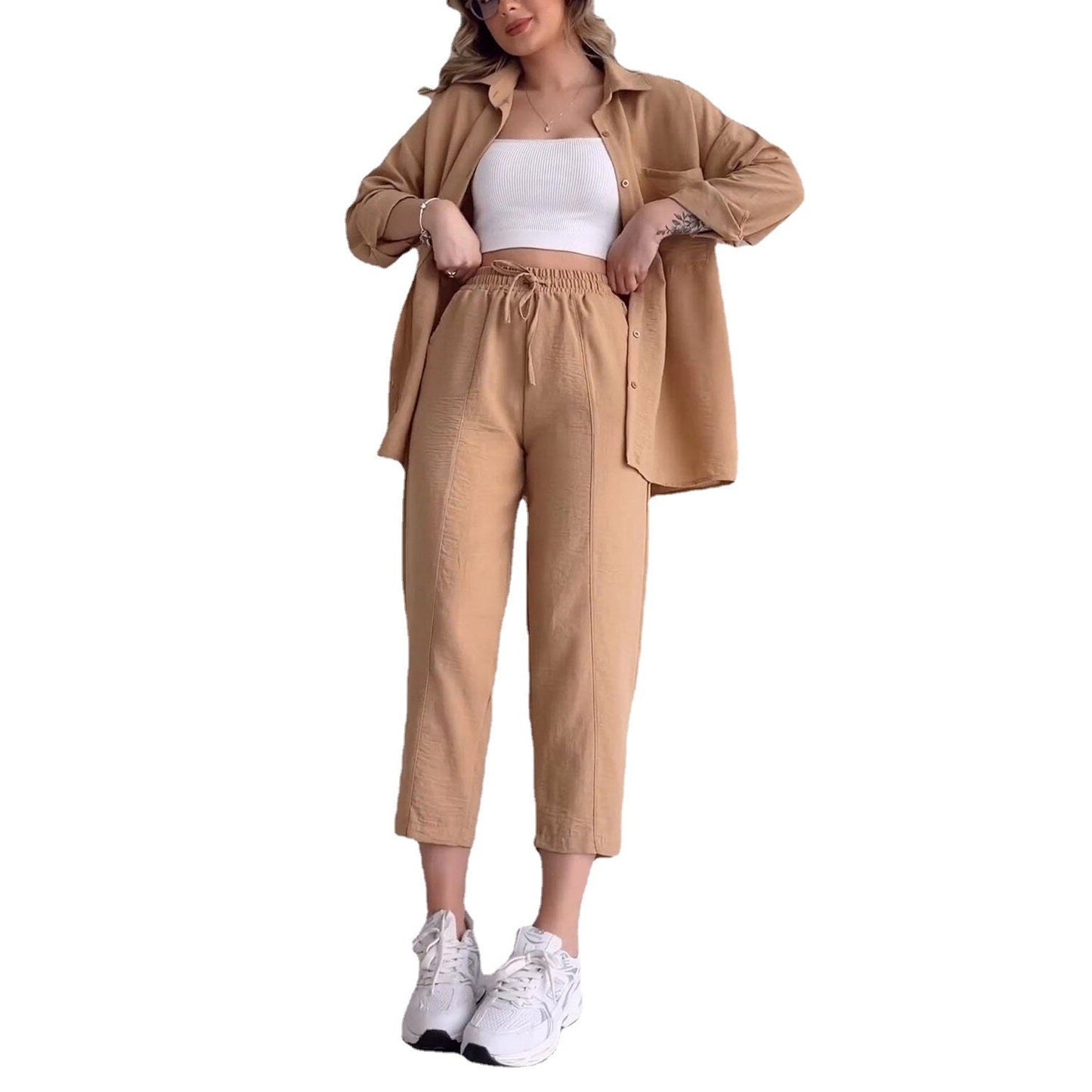 IvyShape | Tie Nine-Point Pants Long Sleeve Shirt Two-Piece Set