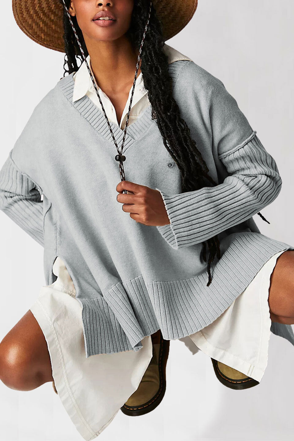 Ivyshape | V-Neck Split Sweater