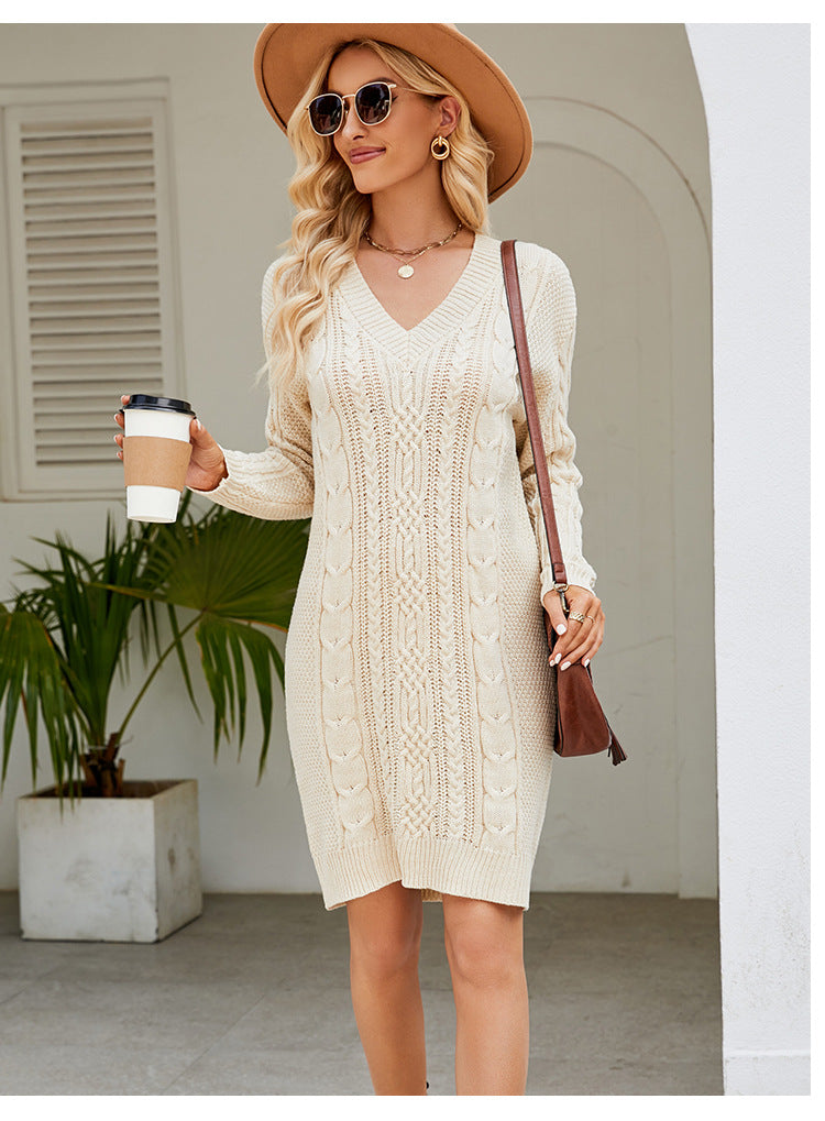 IvyShape | Solid Color V-Neck Twist Knitted Dress