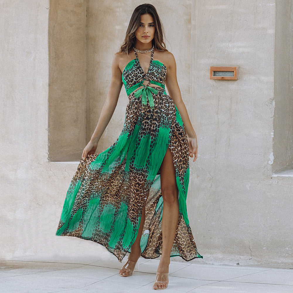 leopard print backless dress chiffon pendulum bohemian long dress