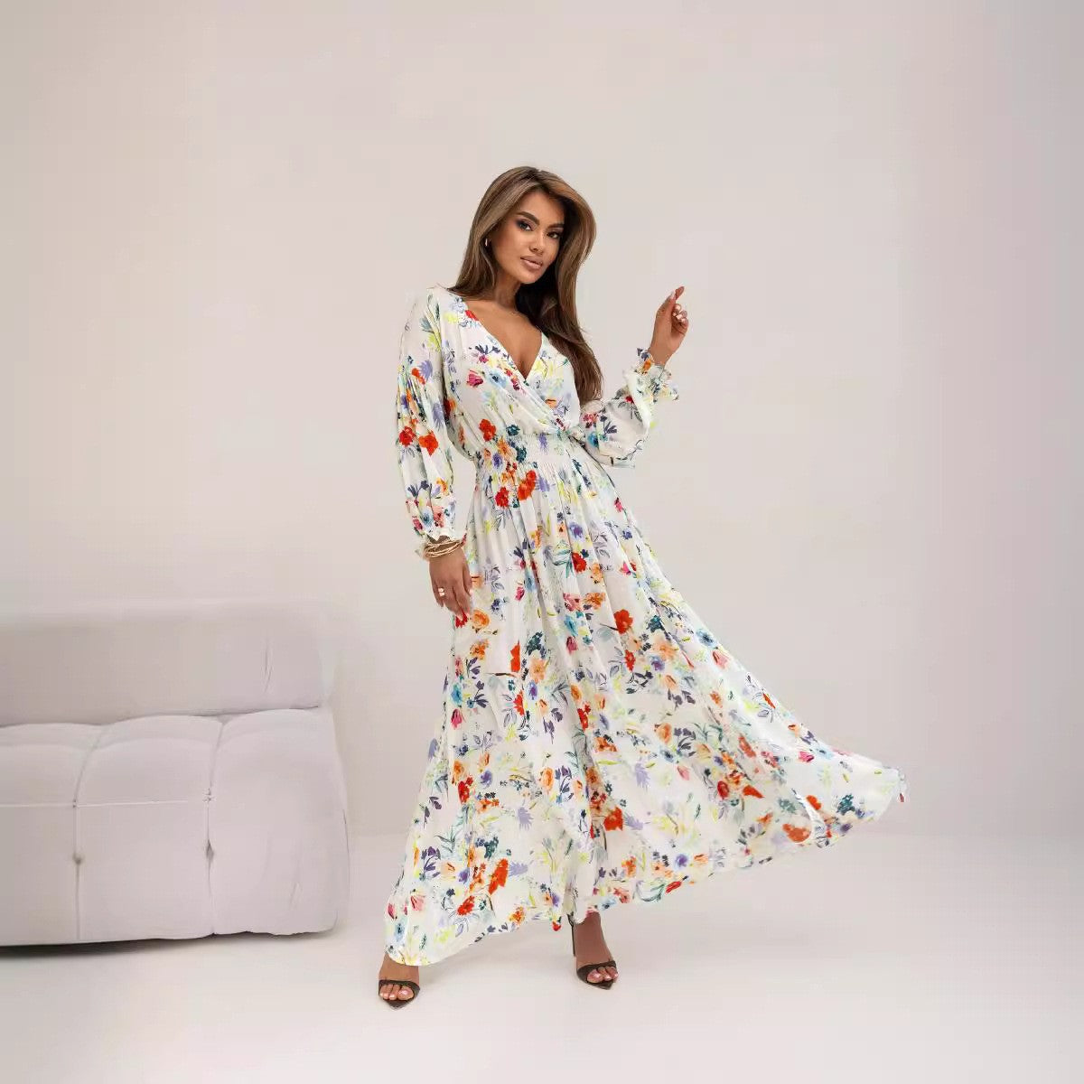 IvyShape | Printed Split Hem Gathered Long Dress