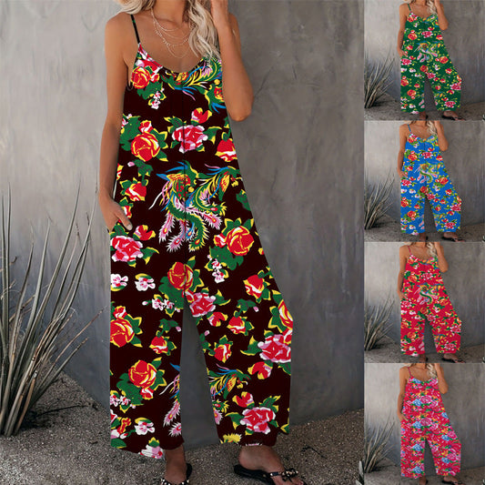 IvyShape | Printed Insert Pocket Loose Casual Strap Jumpsuit