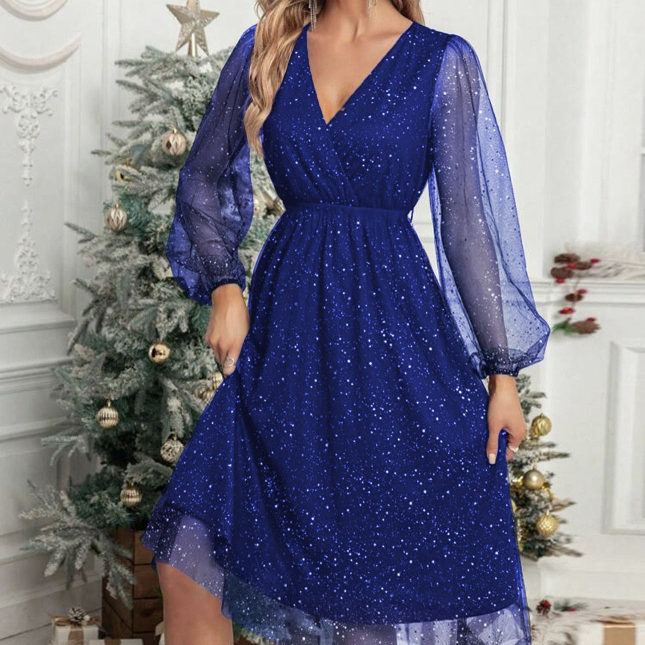 Ladies mididress with sparkling glitter and transparent puff sleeves Ivyshape
