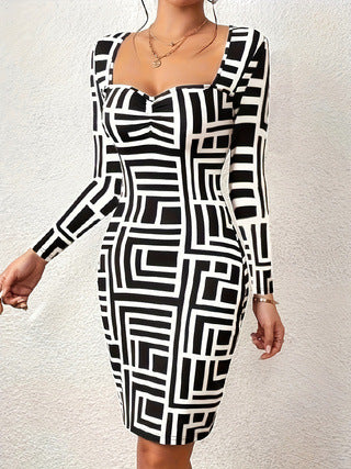 Women's Fitted Long Sleeve Dress with Geometric Pattern and Creative Neckline Ivyshape