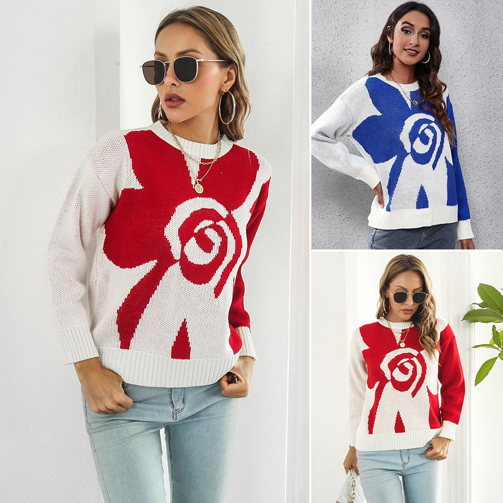 Ladies Fashionable Knit Sweater with Floral Pattern and Casual Cut Ivyshape