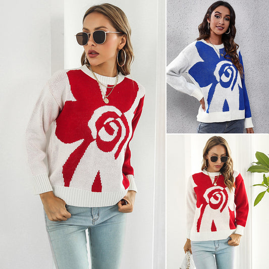 Ladies Fashionable Knit Sweater with Floral Pattern and Casual Cut Ivyshape