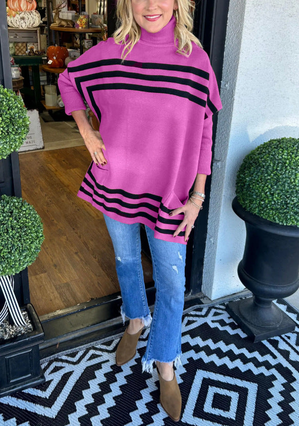 Ivyshape | High Neck Knitted Striped Sweater