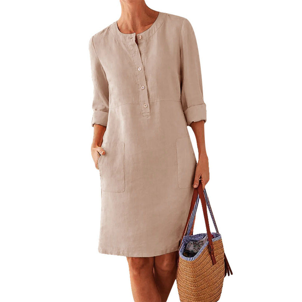 IvyShape | Cotton Linen Round Neck Long Sleeve Midi Dress