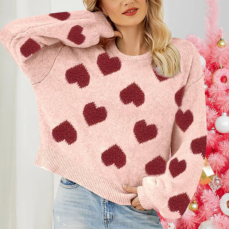 IvyShape | Puff sleeve heart jacquard pullover sweater