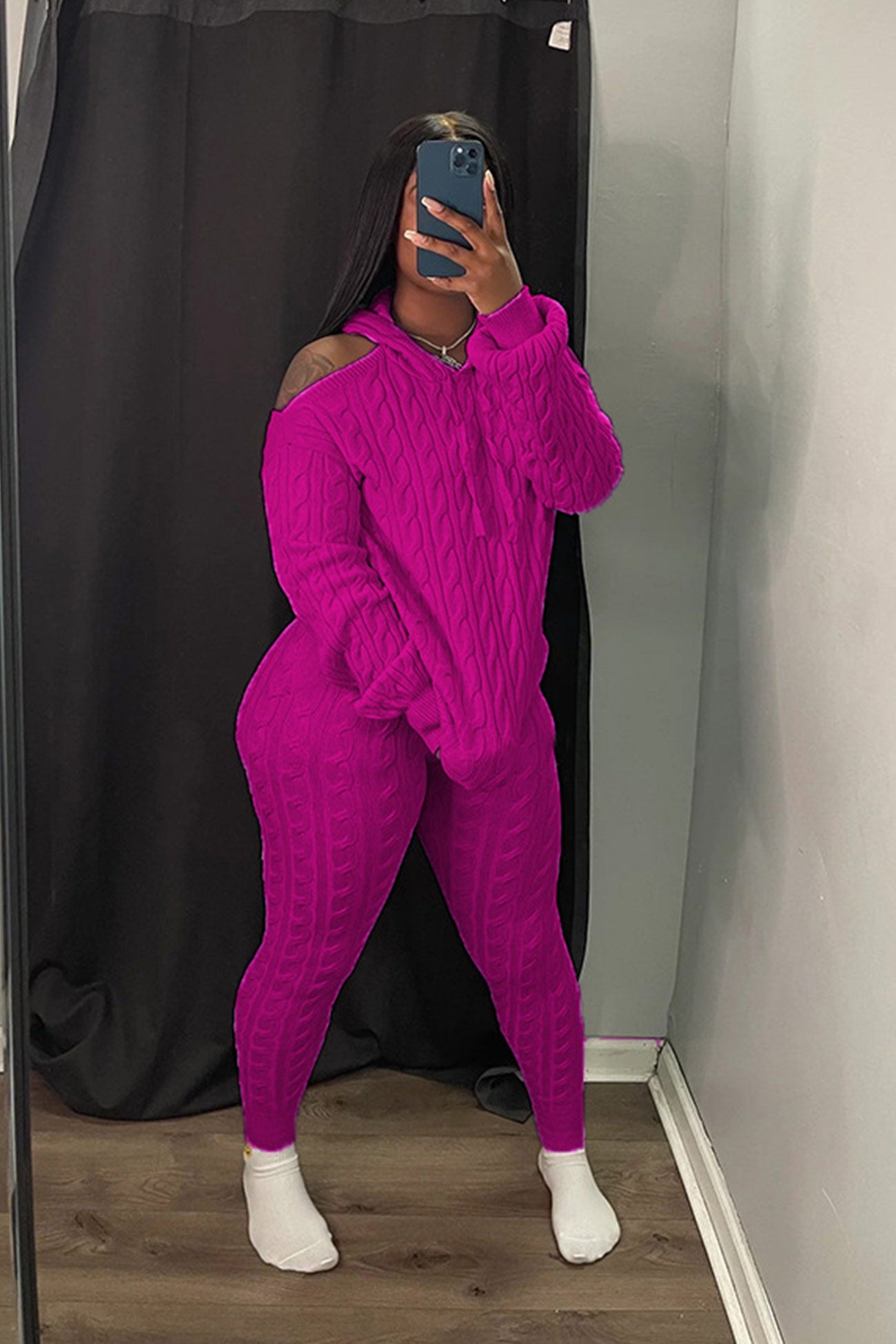 Shoulder Knitted Hoodie Suits