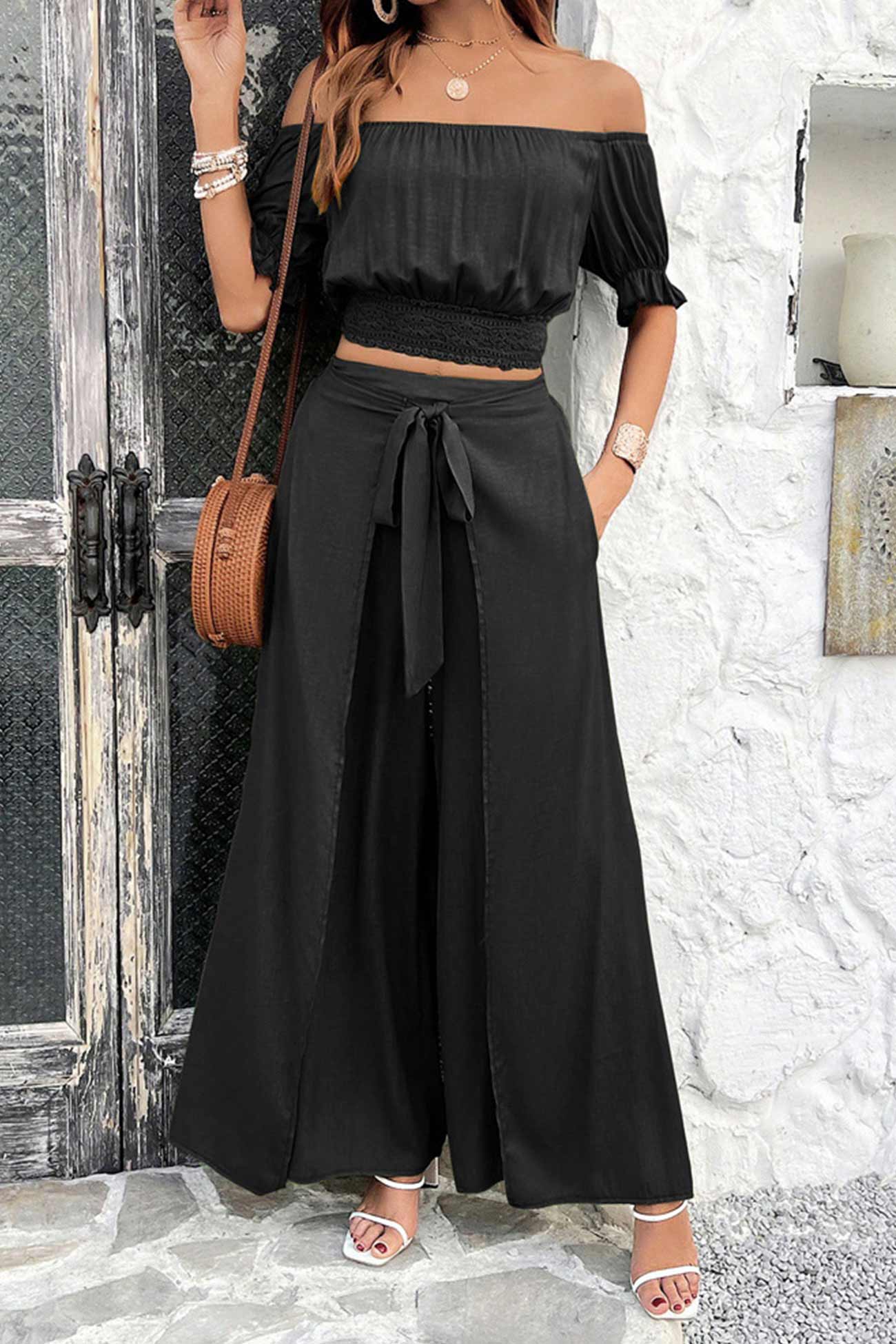 Ivyshape | Women's Off Shoulder Set Wrap Pants