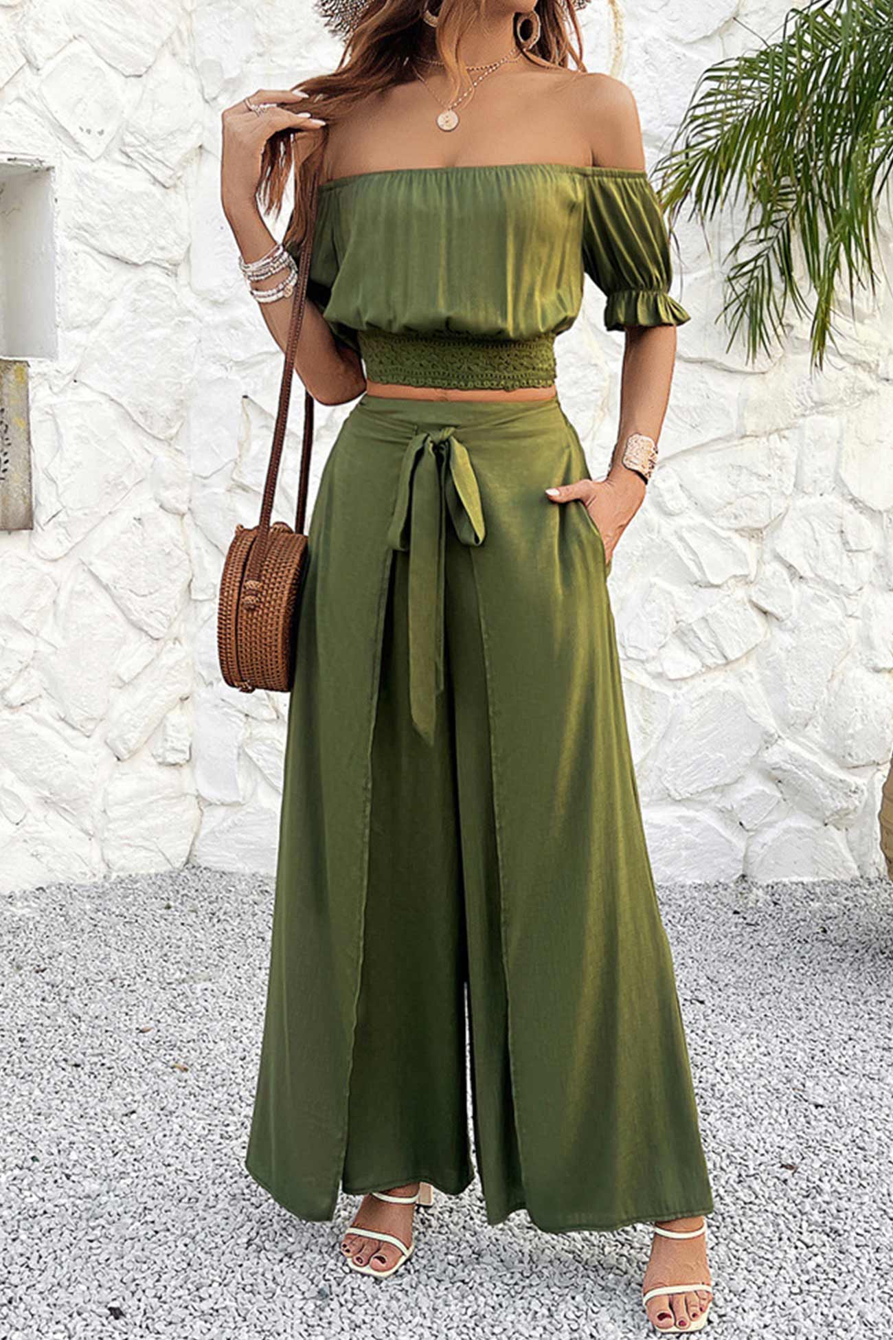 Ivyshape | Women's Off Shoulder Set Wrap Pants