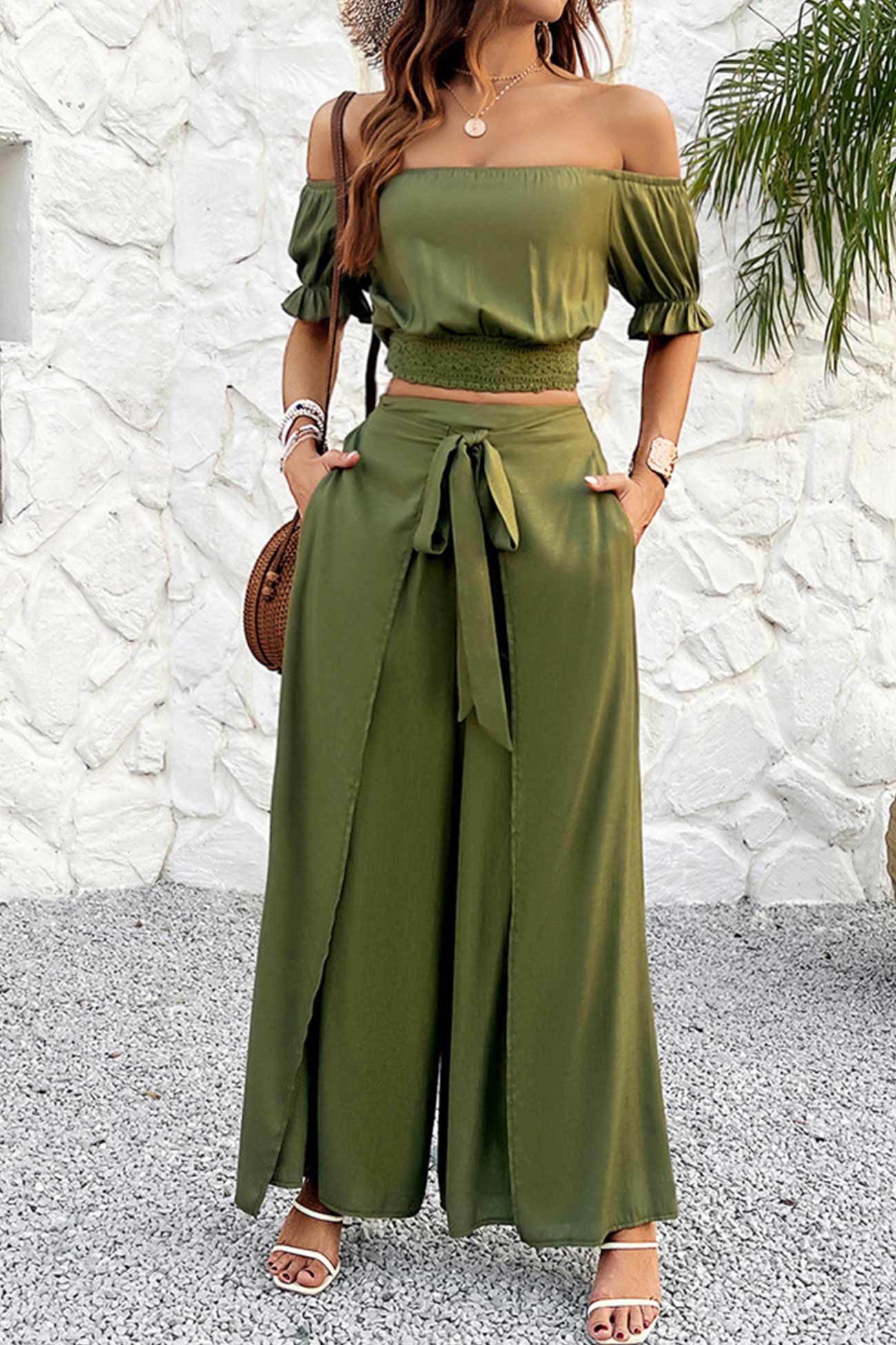 Ivyshape | Women's Off Shoulder Set Wrap Pants