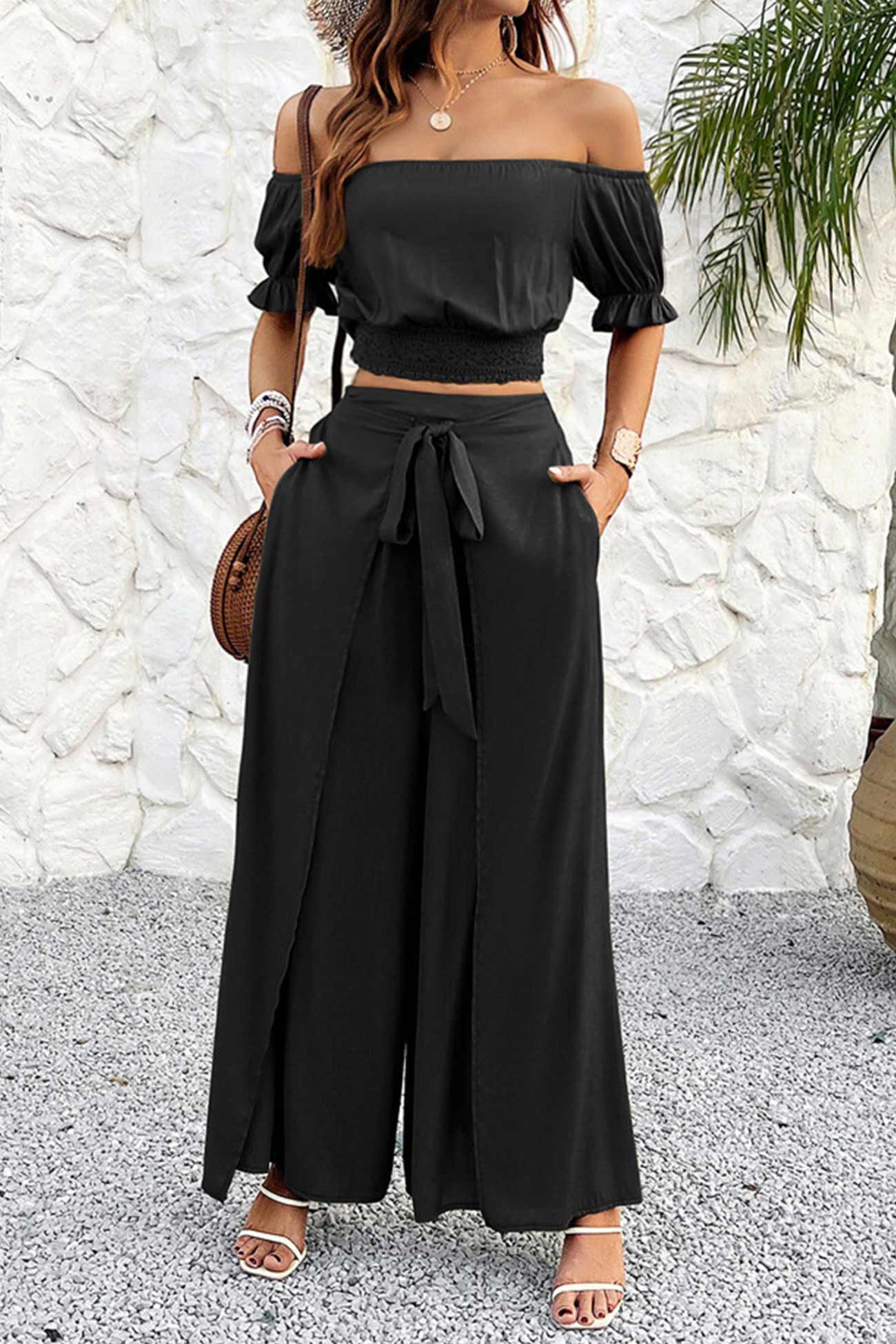 Ivyshape | Women's Off Shoulder Set Wrap Pants