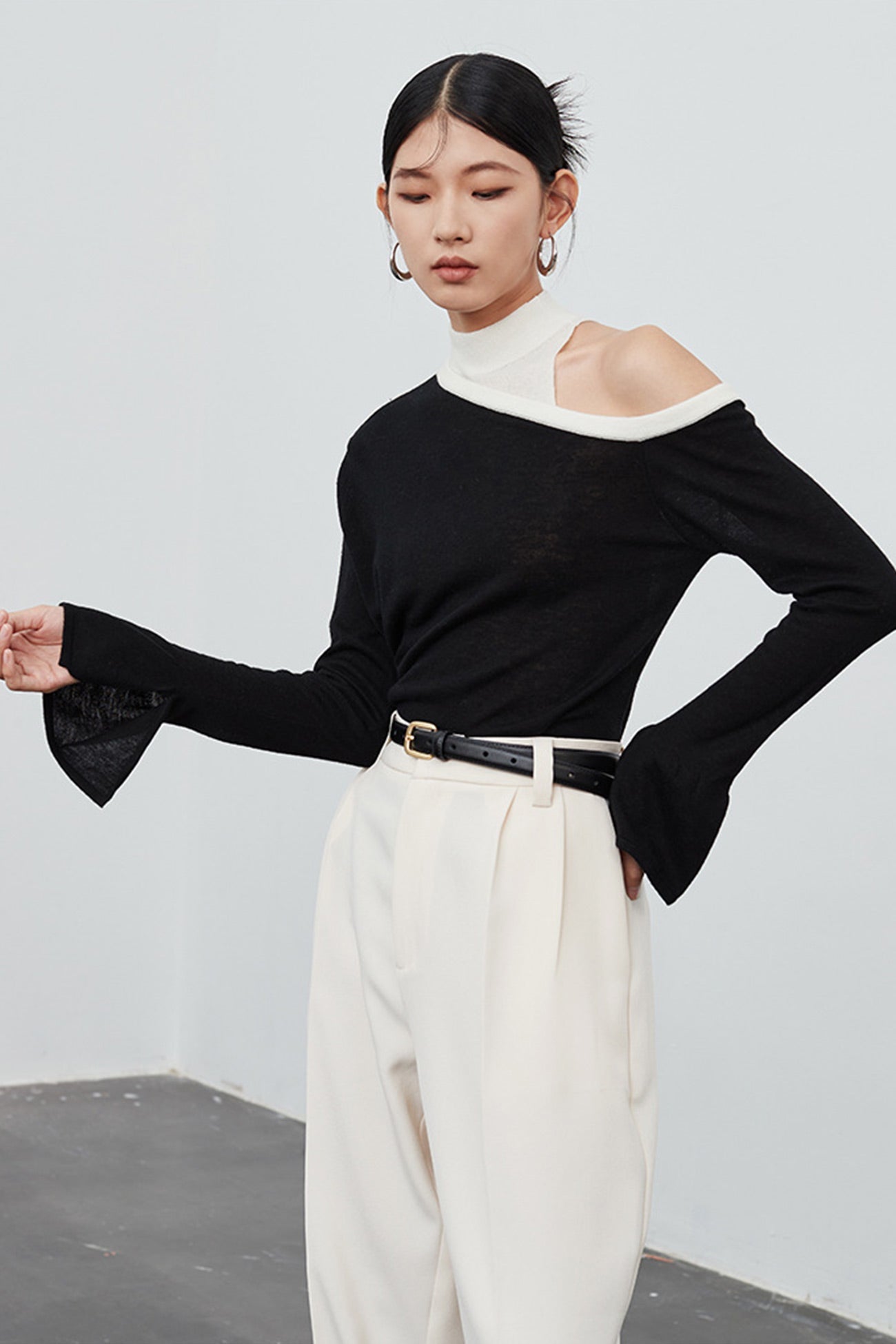 Shoulder Flare Sleeve Patchwork Tops