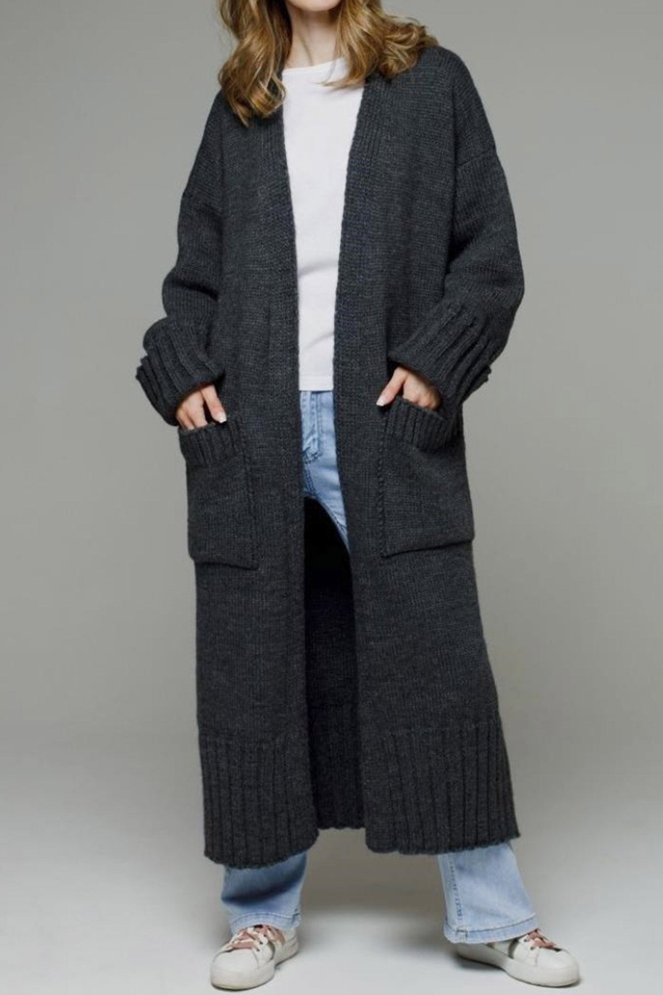 Front Pocketed Long Cardigan