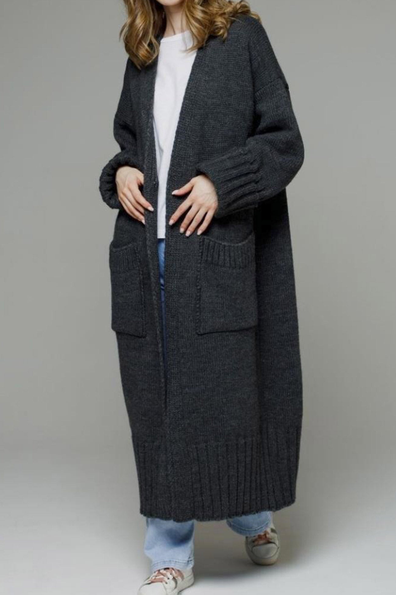 Front Pocketed Long Cardigan