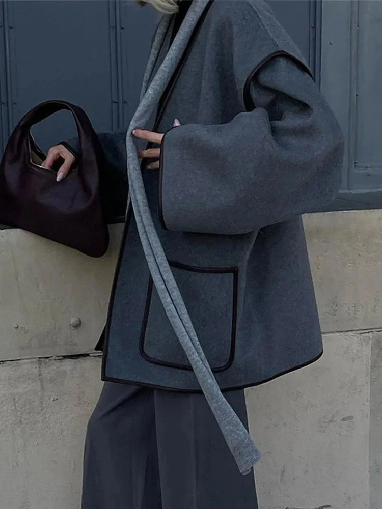 Ivyshape | Jacket Gray Belt Autumn Jacket Women's Coats