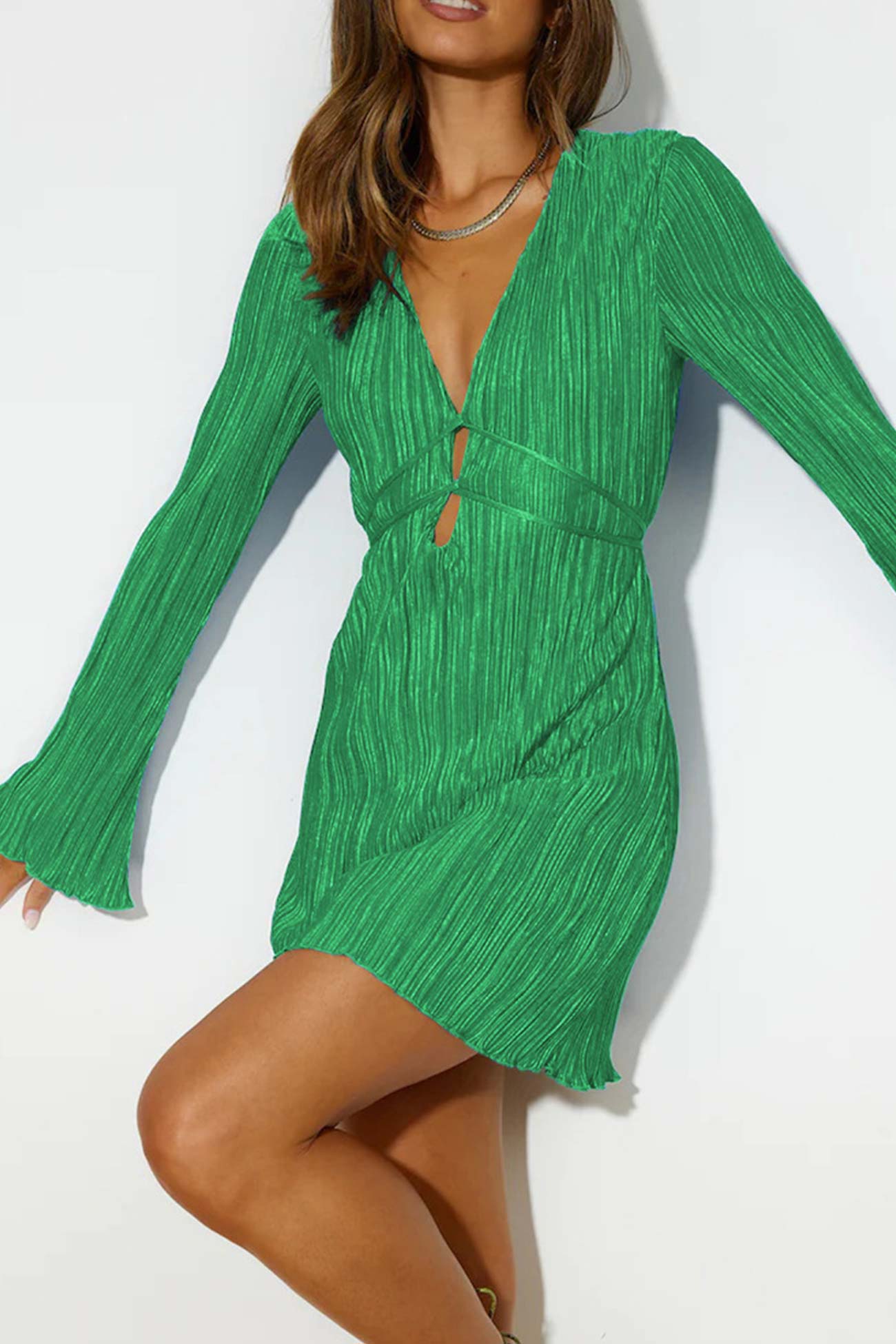 Ivyshape | Pleated Bell Sleeve Tie Mini Dress