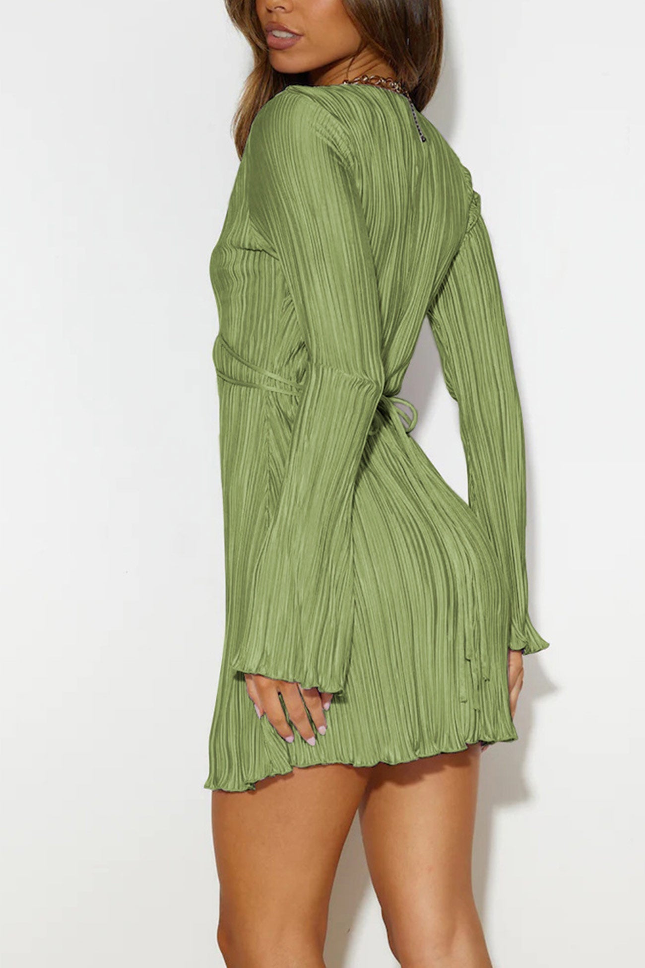 Ivyshape | Pleated Bell Sleeve Tie Mini Dress