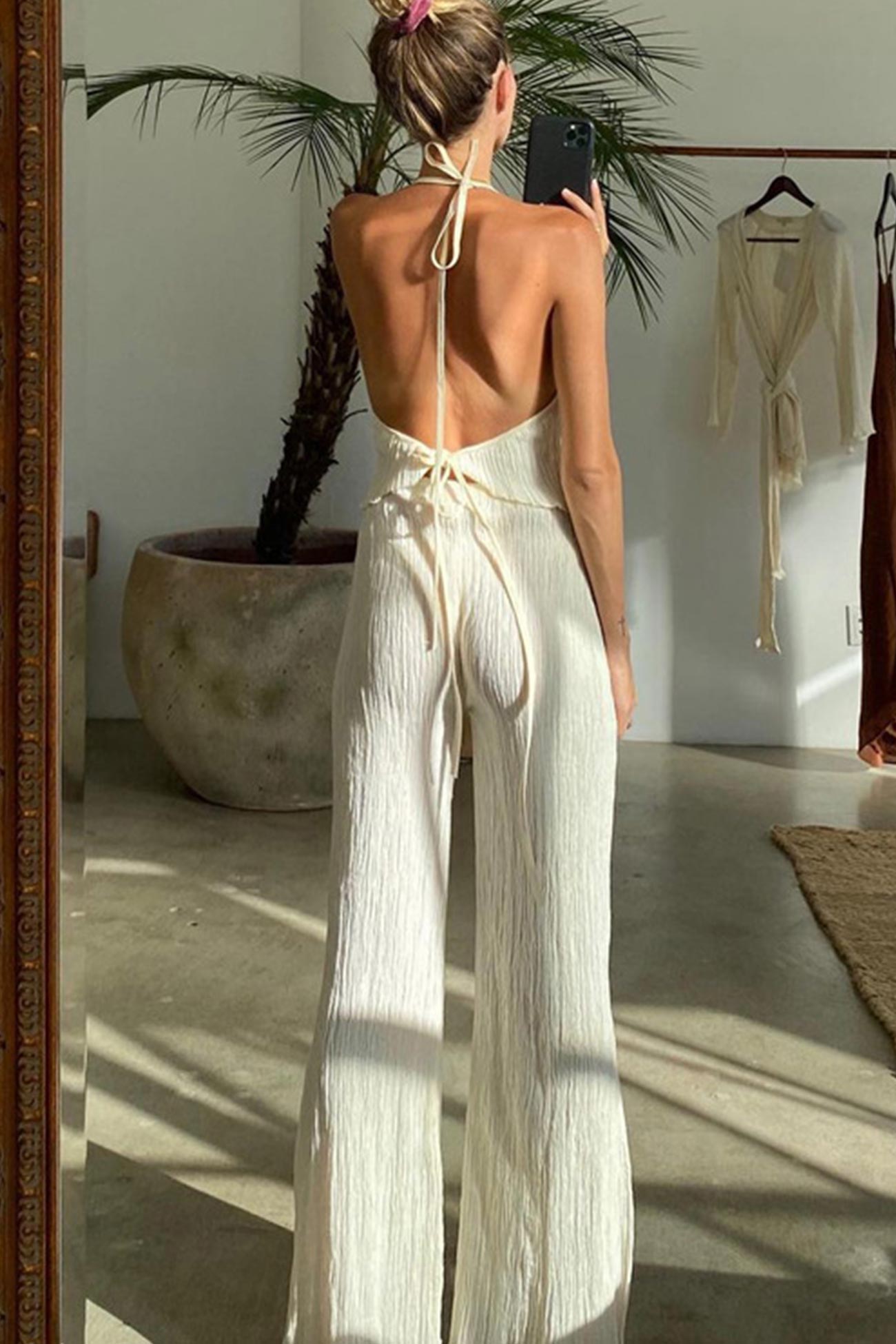 Tie-back Vest High Waist Slit Long Pants Set