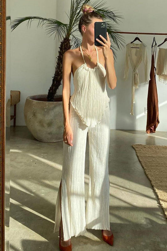 Tie-back Vest High Waist Slit Long Pants Set