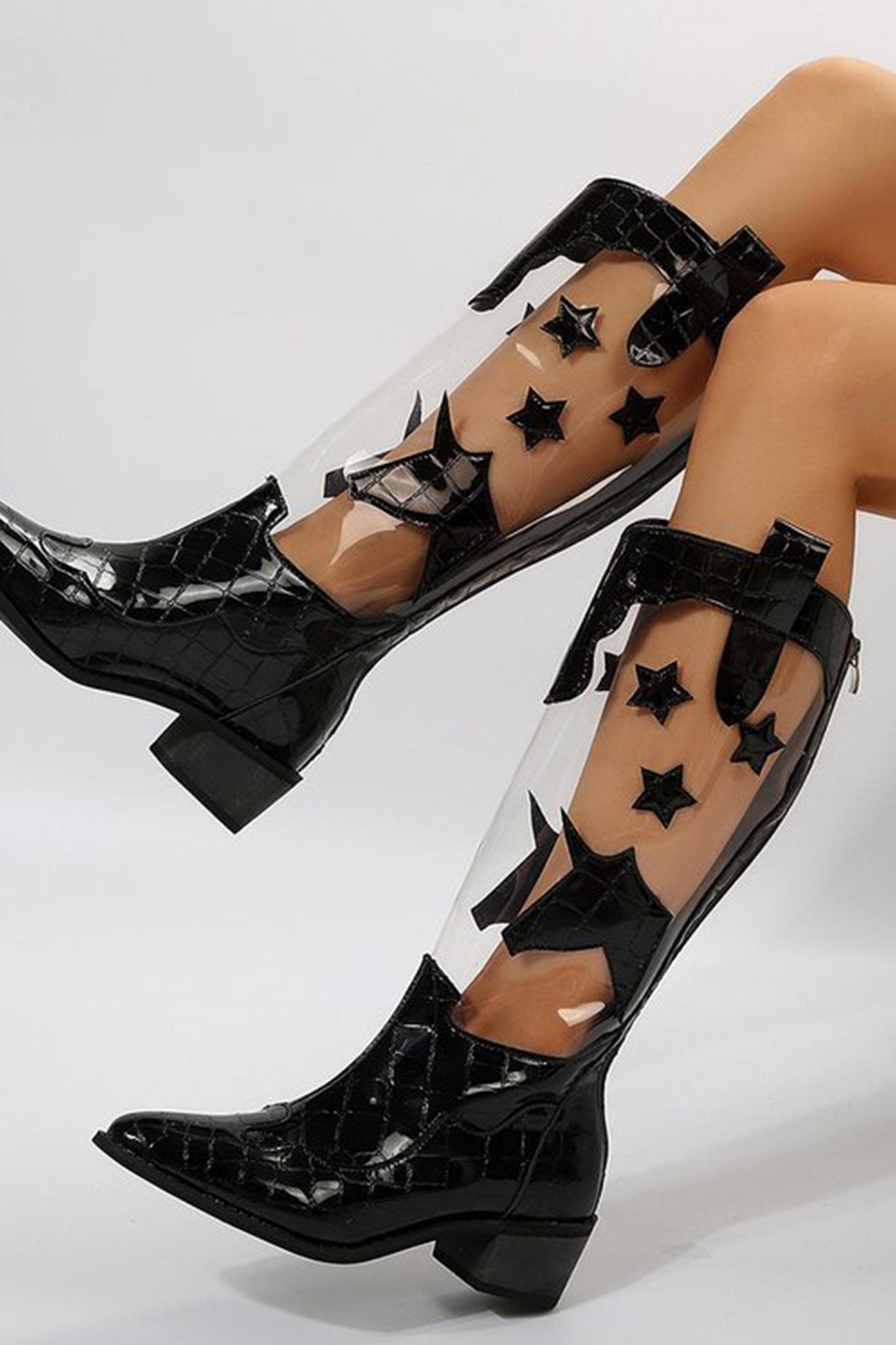 Toe Stitching Star Graphic Chunky Heel Boots