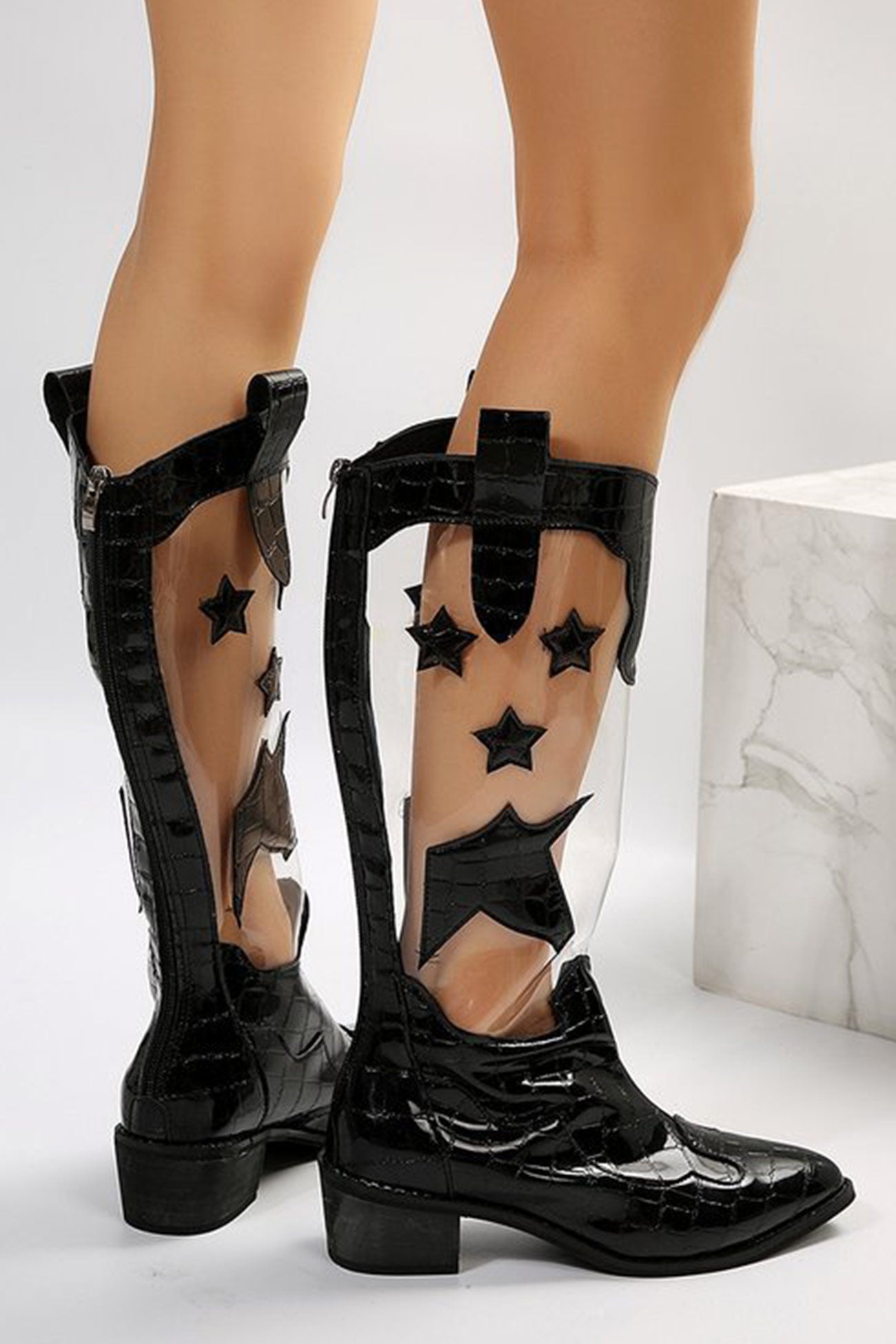 Toe Stitching Star Graphic Chunky Heel Boots