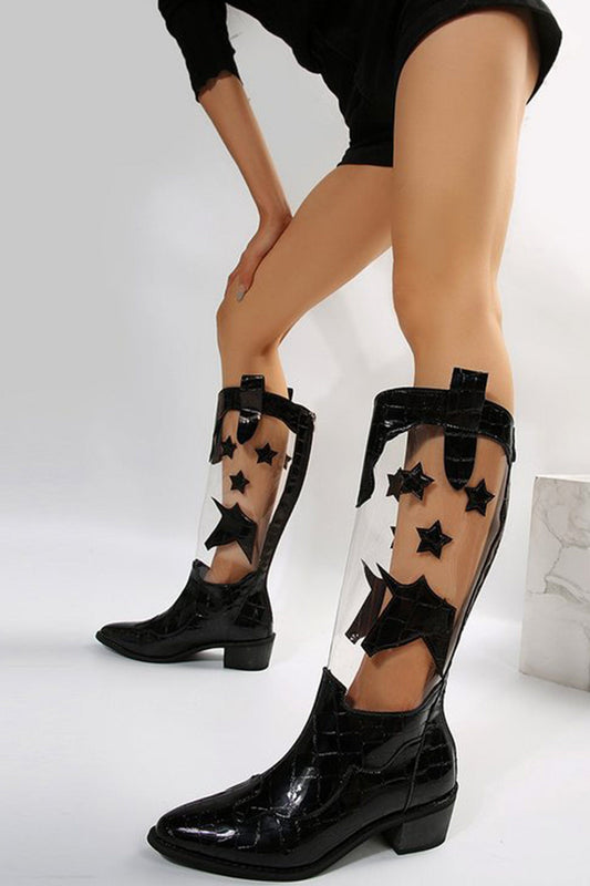 Toe Stitching Star Graphic Chunky Heel Boots