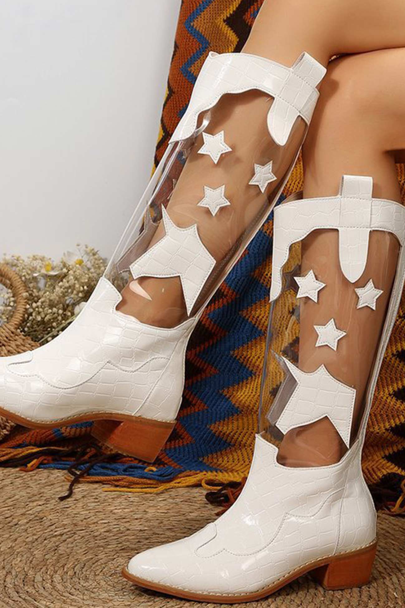 Toe Stitching Star Graphic Chunky Heel Boots