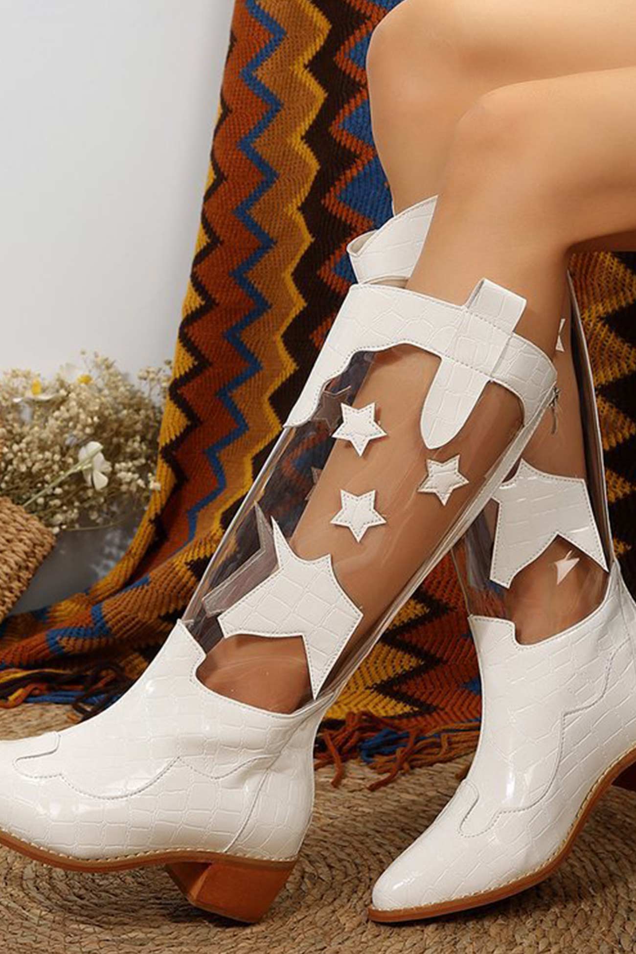 Toe Stitching Star Graphic Chunky Heel Boots