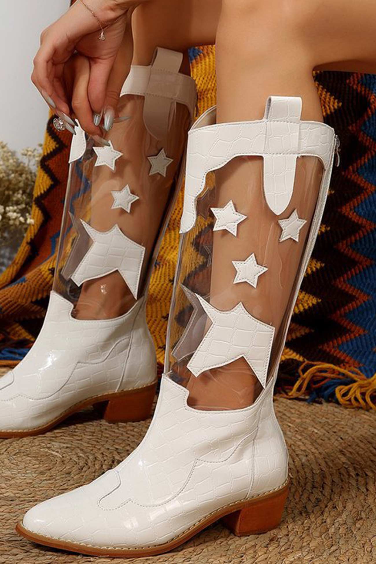 Toe Stitching Star Graphic Chunky Heel Boots