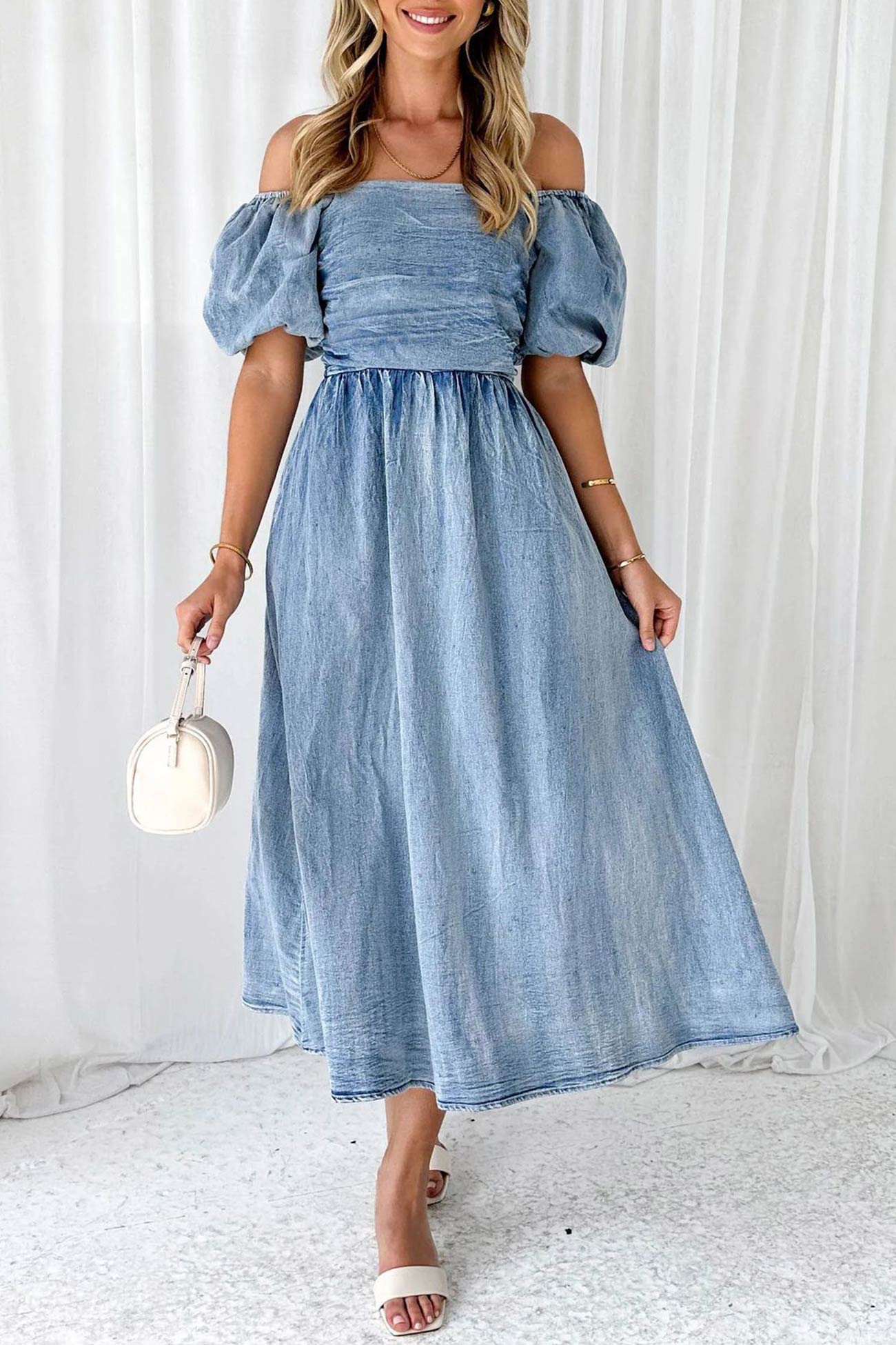 Ivyshape | Puff Sleeve Smocked Denim Dress