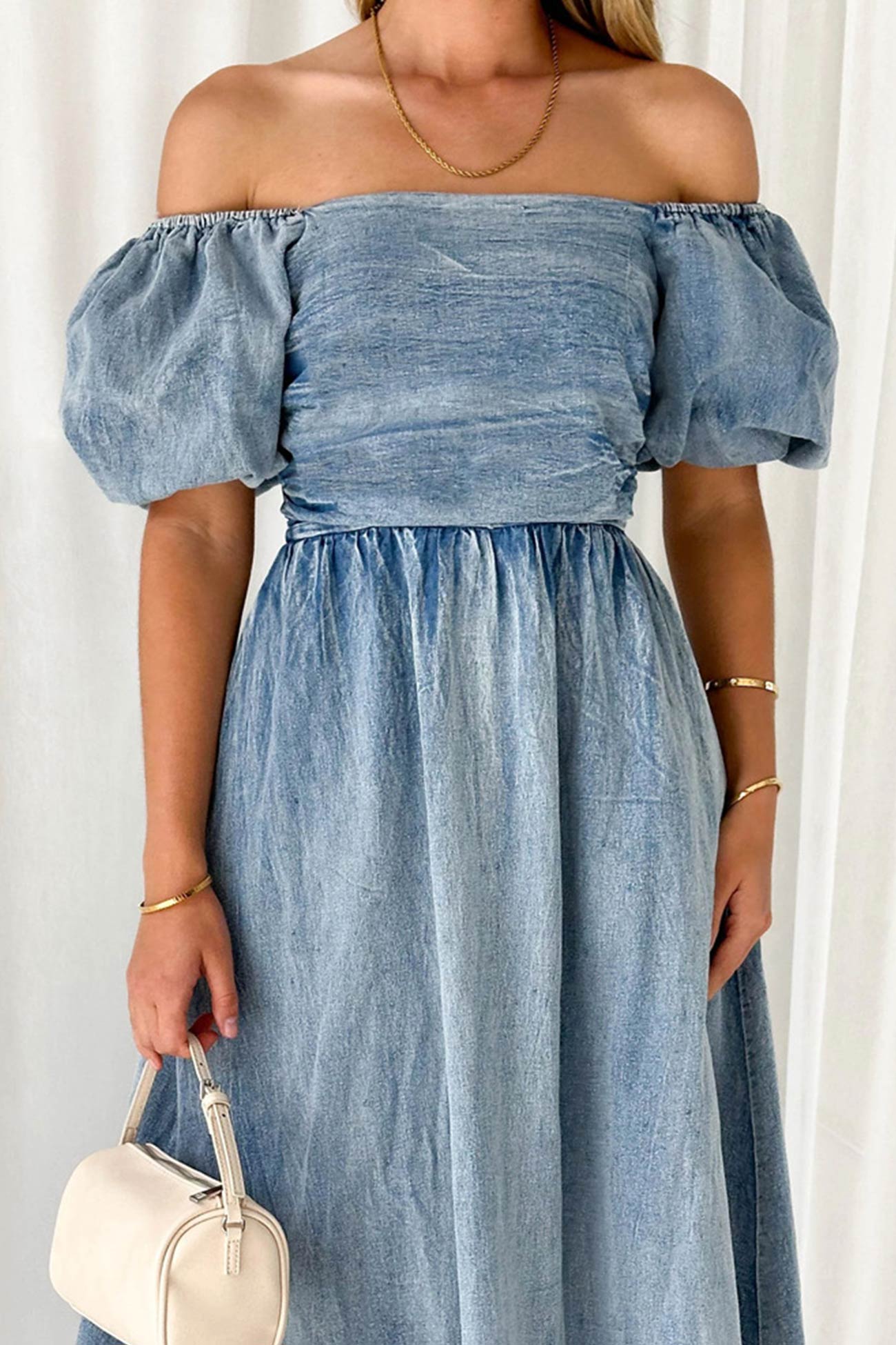 Ivyshape | Puff Sleeve Smocked Denim Dress