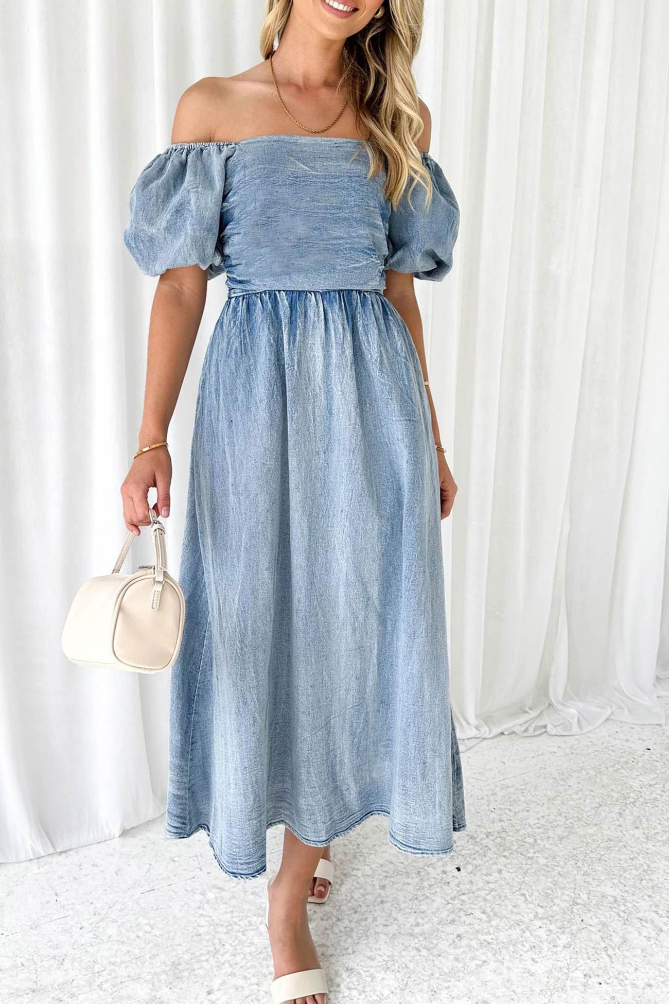 Ivyshape | Puff Sleeve Smocked Denim Dress