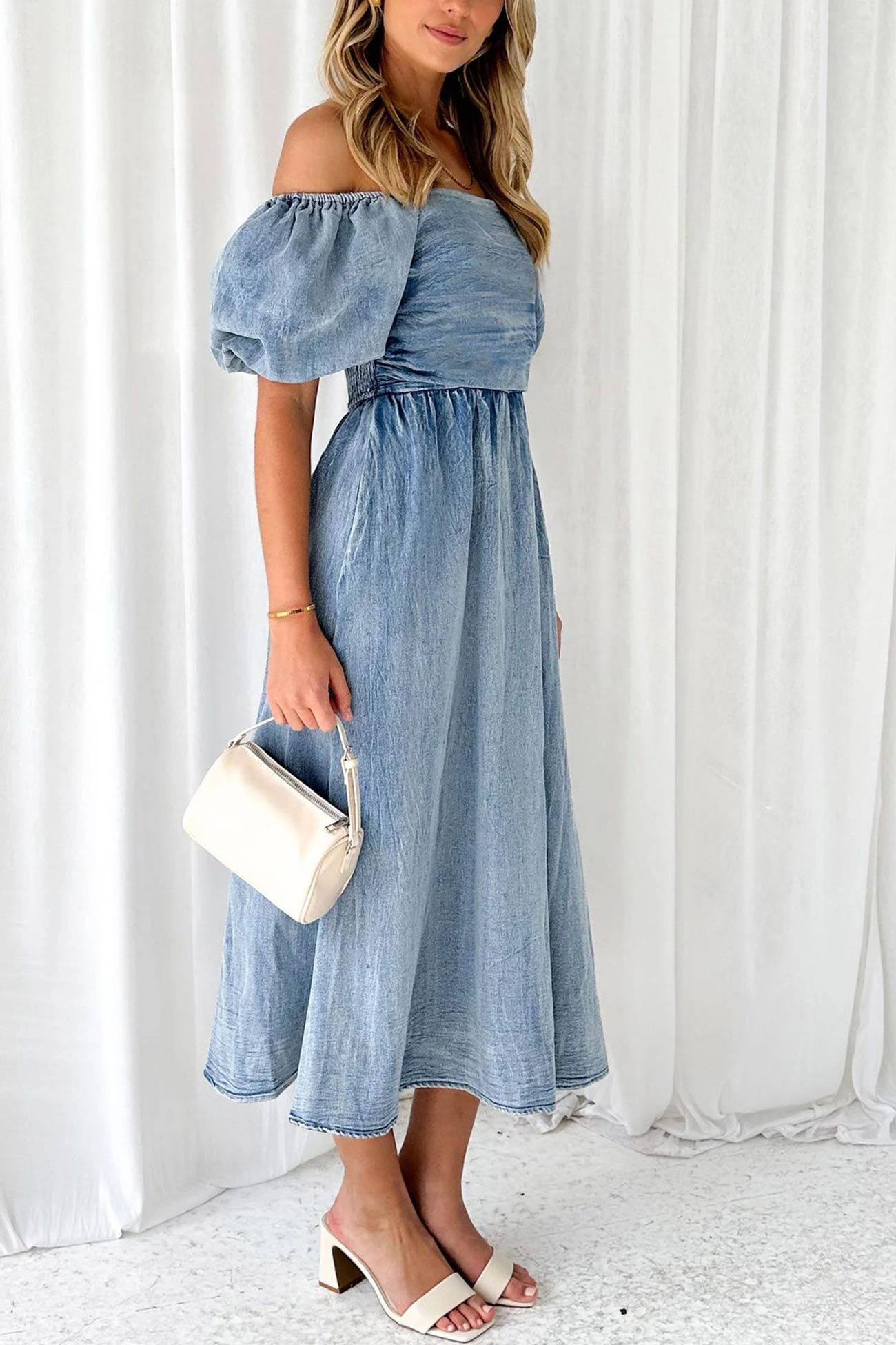 Ivyshape | Puff Sleeve Smocked Denim Dress