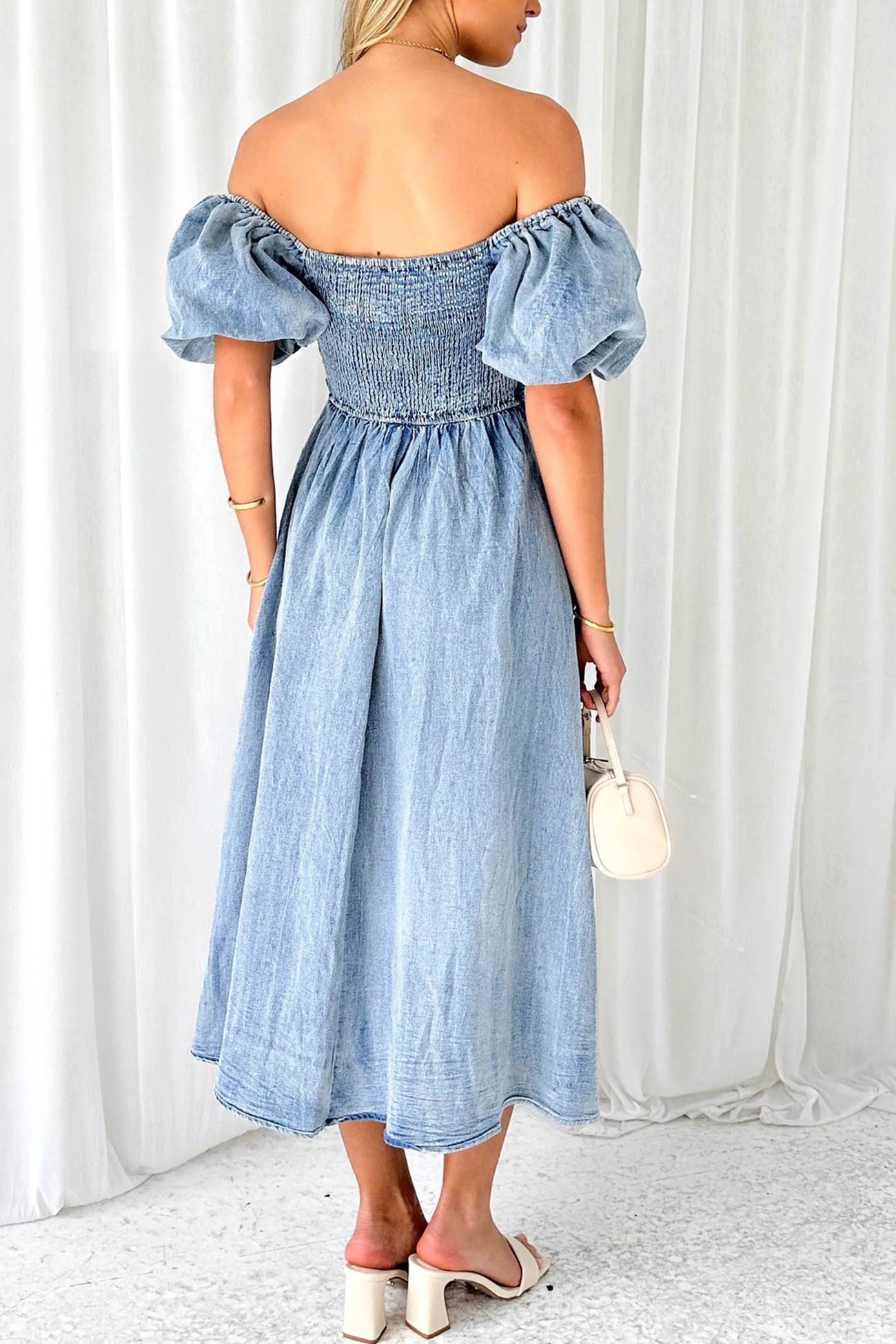 Ivyshape | Puff Sleeve Smocked Denim Dress