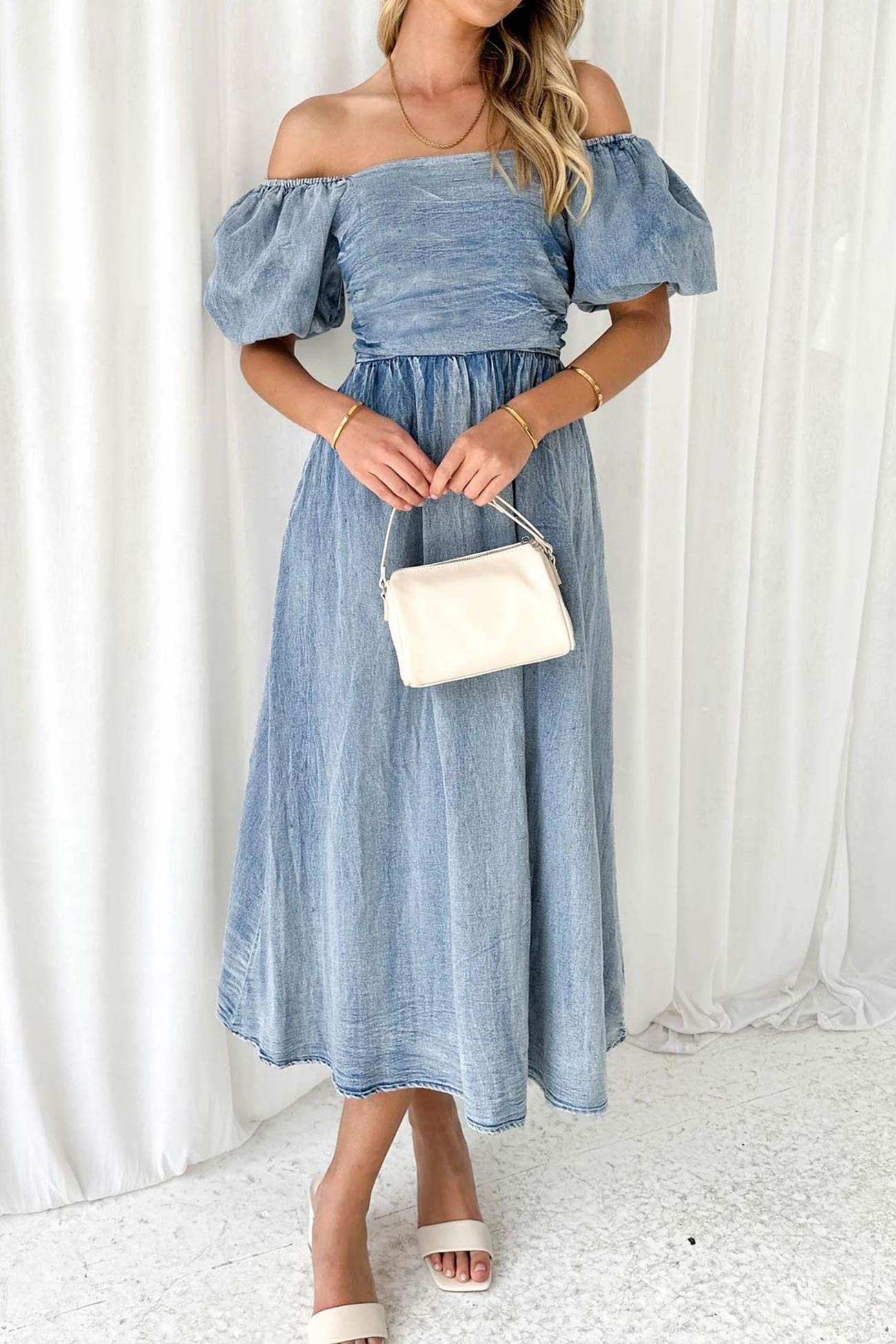 Ivyshape | Puff Sleeve Smocked Denim Dress