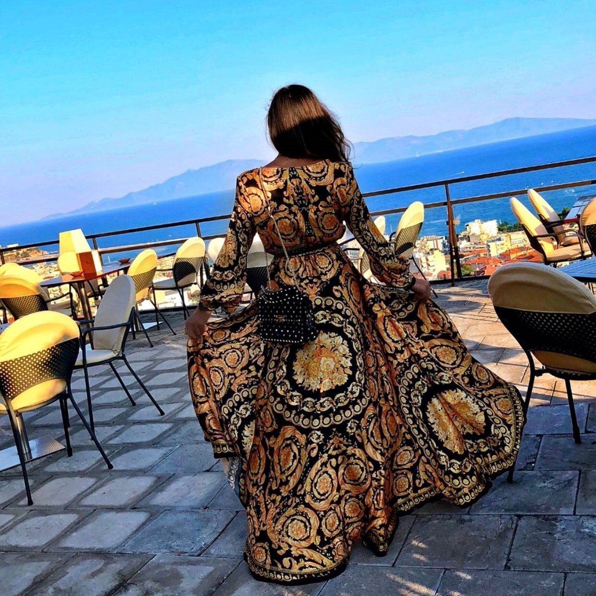 Autumn Long Sleeve V-Neck Print Maxi Dress